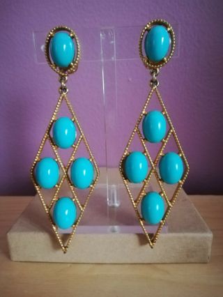 Pauline Rader Rare Fabulous Large Gold Metal & Turquoise Cabs Clip On Earrings