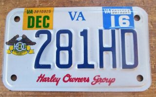 Virginia Harley Owners Group Hog Vanity Motorcycle License Plate Rare 281 Hd