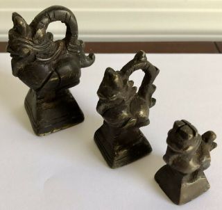 Antique Matched Set Of 3 Burmese Thai Solid Bronze Opium Weights Rare