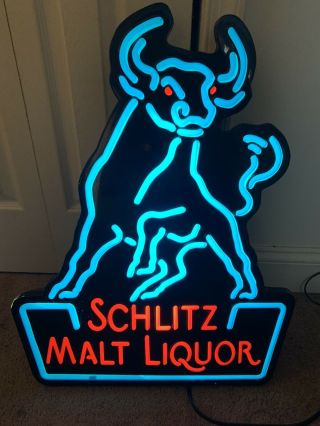 Rare Schlitz Malt Liquor Bull Lighted Beer Sign - Neon Look -