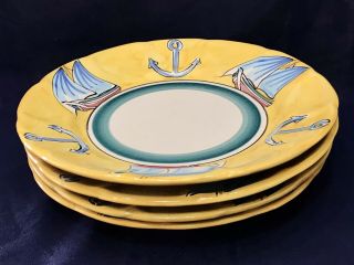 Set Of 4 Rare Solimene Vietri Pottery 9 3/4” Nautical Ship And Anchor Plates
