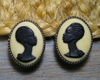 Rare Coreen Simpson Black Cameo Clip - On Earrings Silver Tone Shell Trim African