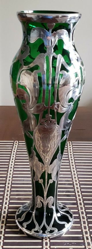 Rare Lg Antique La Pierre Heavy Sterling Silver Overlay Emerald Glass Vase
