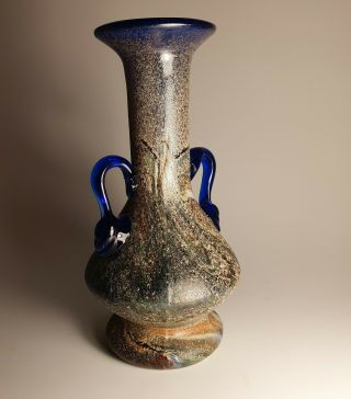 Rare Vintage Italian Murano Scavo Blue Sandy Glass Vase Mid - Century Glass