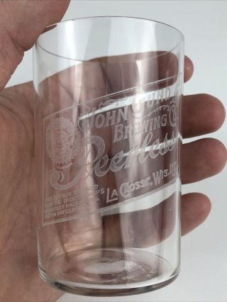 Rare Early John Gund Brewing Co.  Peerless La Crosse,  Wisconsin Etched Beer Glass