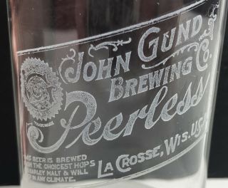 Rare Early John Gund Brewing Co.  Peerless La Crosse,  Wisconsin Etched Beer Glass 5