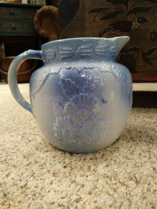 Extremely Rare Antique Blue And White Daisy Cluster Stoneware/yellowware Pitcher