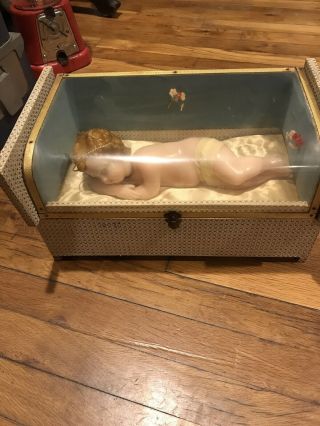 Antique Rare Wax Baby Doll Mechanical Music Box Baby Jesus Satin Lined Case
