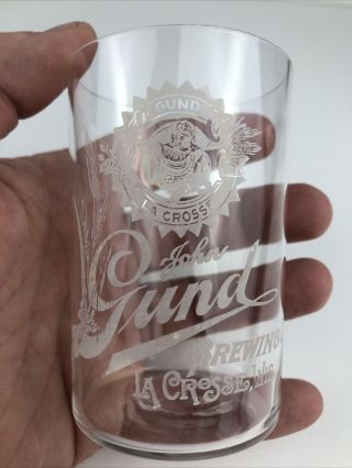 Rare Early John Gund Brewing Co.  La Crosse,  Wisconsin Acid Etched Beer Glass