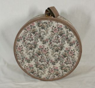 Rare Vintage French Luggage Co " Gray Rose " Suede & Tapestry 19 " Round Hatbox