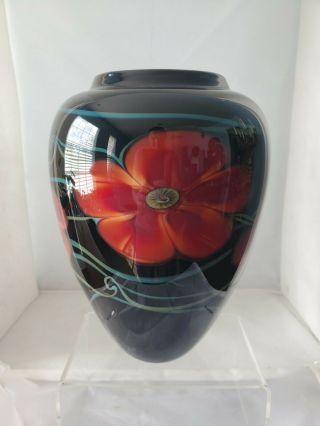 Richard Satava Art Glass Vase - Rare - Hand Blown - 3258 - 97 - Red Flowers Black