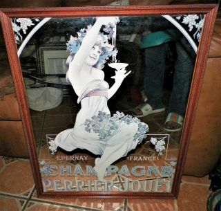 Very Rare Perrier Jouet Champagne Framed Mirror Art,  Advertising 23.  5 " X 29.  5 "