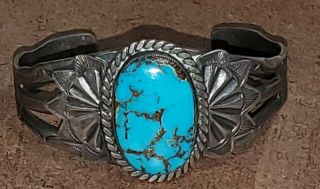 Rare Antique Navajo Sterling Or Coin Silver Cuff Fred Harvey Turquoise Bracelet