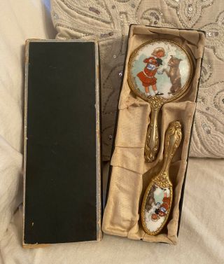 Antique Rare Buster Brown Tige Child’s Porcelain Brush And Mirror Set
