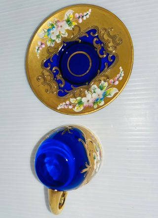 Rare Bohemian Czech Cobalt Blue Art Glass Cup & Saucer Enamel Flowers Gold Gilt