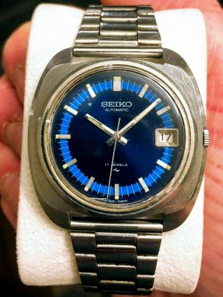 Vintage Seiko Automatic Mens Watch Blue Ring Dial 7005 - 7080 17 Jewels Day Rare