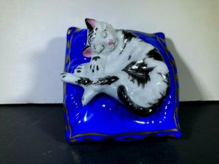 Rare Limoges Trinket Box Peint Main Hand Painted Cat On A Pillow