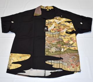 Vintage Japan Kimono Remake Hawaiian Aloha Shirt Xl Silk Crane Black Rare