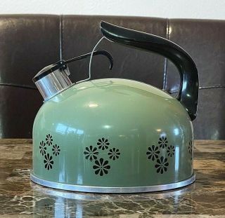 Vintage 1970s Retro Green Flower Paul Revere Ware Whistling Tea Pot Rare