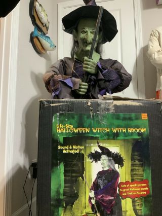 Gemmy Halloween Animated Life - Size Witch With Broom Prop Rare Model