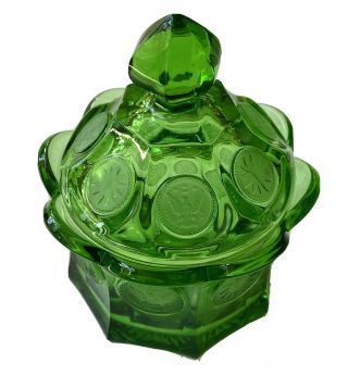 Rare - Elegant Fostoria Emerald Green Coin Glass Candy Dish With Lid,  Flat Bottom