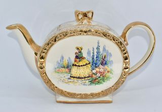 Rare Sadler Crinoline Lady Teapot - Barrel Shape,  Gilt Floral Chintz - 1 Litre