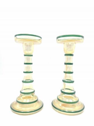 Antique Czech Iridescent Bohemian Rare Glass Tower Candlestick Set: Yellow Green