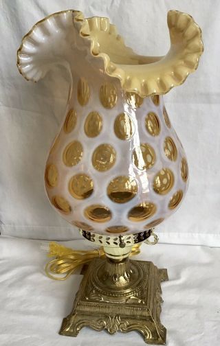 Rare Vintage Fenton Art Glass Honeysuckle Opalescent Coin Dot Lamp C4