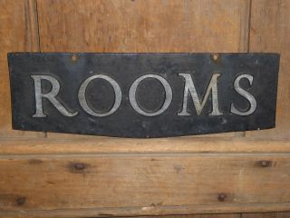 Old Rare  Rooms  Embossed Metal Early Hotel Sign Vintage Antique