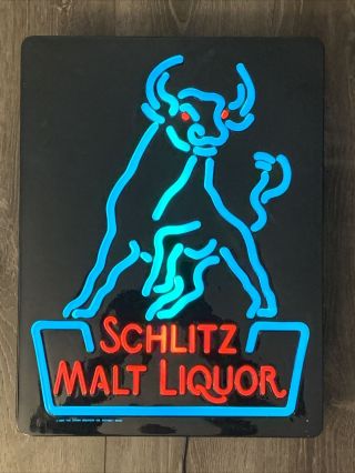Rare Schlitz Malt Liquor Bull Lighted Beer Sign - Neon Look -