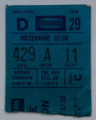 George Harrison Mega Rare Concert Ticket 1974 Madison Square Garden / Beatles Lp