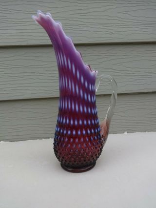 Vintage Fenton Art Glass Plum Opalescent Hobnail Stretch Pitcher Vase 14 " Rare