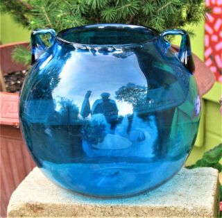 Rare Vintage Blenko Art Glass Blue Handled Rose Bowl