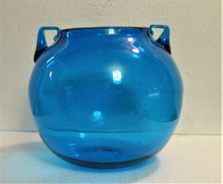 Rare Vintage Blenko Art Glass Blue Handled Rose Bowl 3