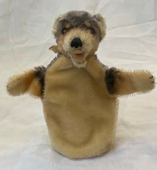 Rare Vintage Germany Steiff Mohair Dog Puppet With Button - 1950 