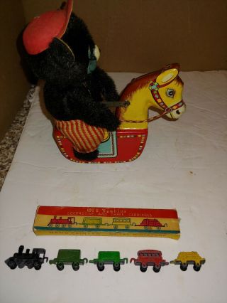 Vintage Rare 50s Bear Cub Riding Rocking Horse,  Pony,  Donkey Tin Windup Toy,  Japan