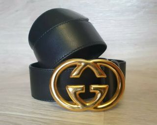 Rare Authentic Vintage Gucci Black Leather Belt Double Gg Gold Buckle Sz 85
