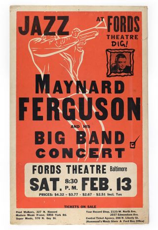 Rare Maynard Ferguson Jazz Music Poster - Vintage 1960s Fords Theatre,  Baltimore