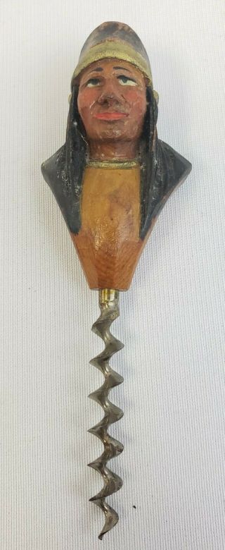 Rare,  Antique Anri - Indian Chief Corkscrew Hand Carved Wood - Made In Italy