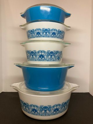 Htf Rare Vintage Pyrex Blue Horizon Casserole Set W/lids 471 472 473 474 475mint