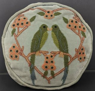 Rare Garnet Hill Nicola Lovebirds Embroidered Pillow Cover Round Sage Velvet