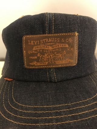 Rare Vtg 1970’s Levis Denim Jean Leather Patch Strap Back Orange Tab Hat Cap