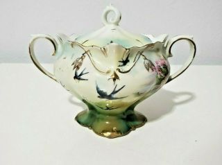 Rare Antique Red Mark Rs Prussia Sugar Bowl Cottage Scene & Swallow Birds