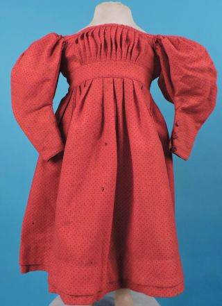 Rare 1830’s Girl’s Black Polka Dot Red Wool Dress W Gigot Sleeve