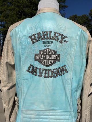 Rare Harley Davidson Women’s Escapades Leather Jacket Aqua 1w 97067 - 15vw