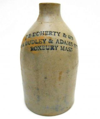 Rare 19th C J B Doherty & Co Roxbury Ma Antique 2 Qt Dec Stoneware Whiskey Jug