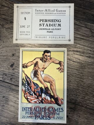 Ticket & Postcard Rare 1919 Wwi Aef Inter - Allied Games Pershing Stadium Paris