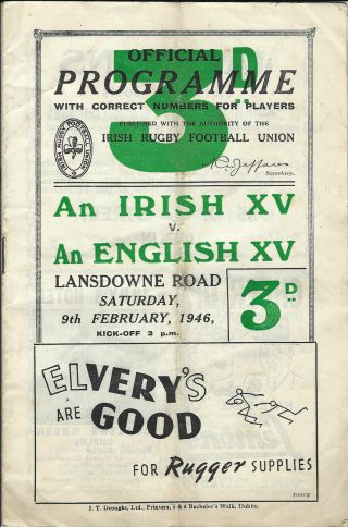 Ireland V England 1946 Rugby Programme Victory International In Dublin Rare