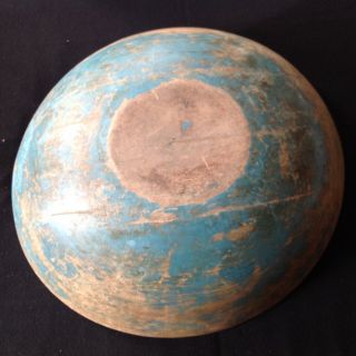 Rare Antique Turned Wooden Bowl In Blue Paint