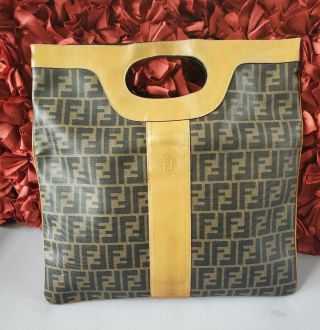 Rare Authentic Vintage Fendi Zucca Clutch Tote Coated Canvas Leather Brown Tan